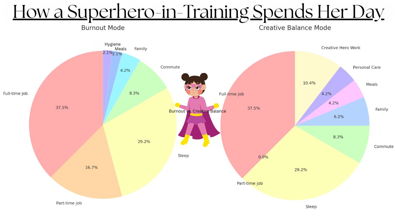 Two pie charts showing a day in the life of a burnt-out vs. rebalanced creative entrepreneur.