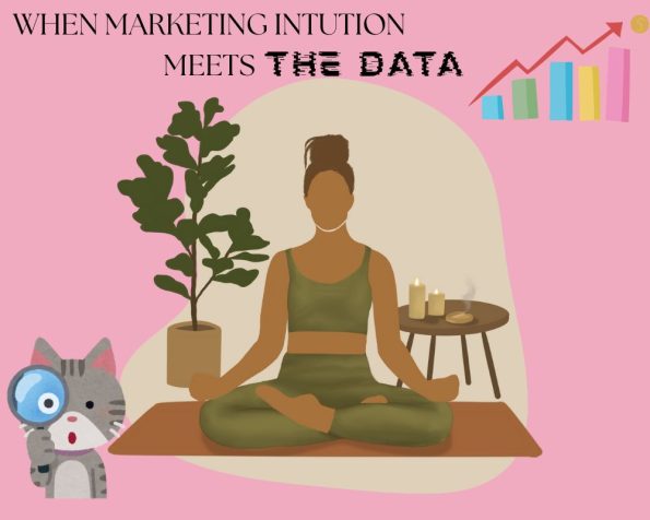 Woman meditating with chart overlay, symbolizing marketing intuition meets data strategy for lash product campaign