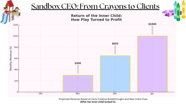 Monthly revenue forecast chart showing how time, delegation, and joy lead to increasing income.