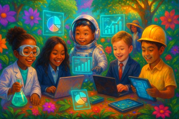 A diverse group of children dressed as professionals in a vivid, futuristic garden, playing with laptops, tablets, and lab tools.