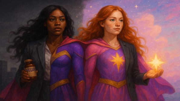 Two women wearing half business suits and half superhero costumes representing over worked entrepreneurs reconnecting with their inner power.