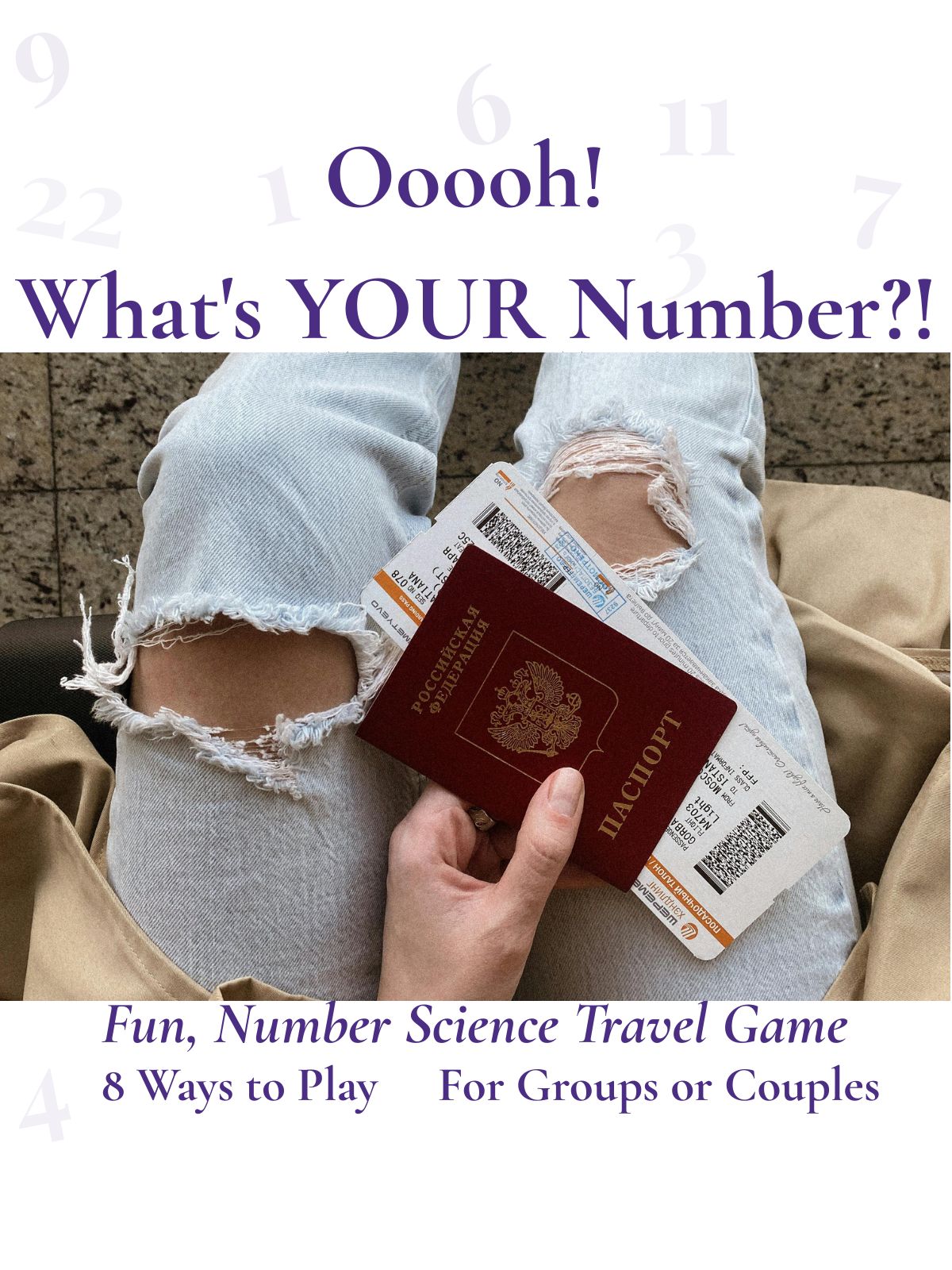 Printed numerology travel game pages displayed on an airplane tray table with a passport, pen, and travel accessories.